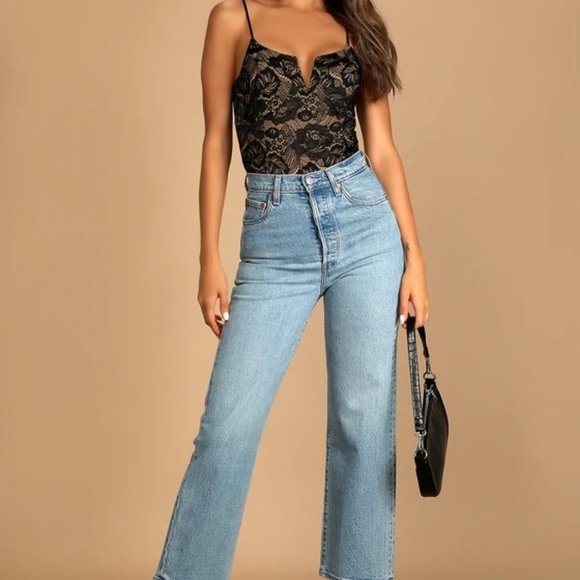 Lulu's Tops - Lulus Flirty Touch Black Lace-Up Lace Bodysuit